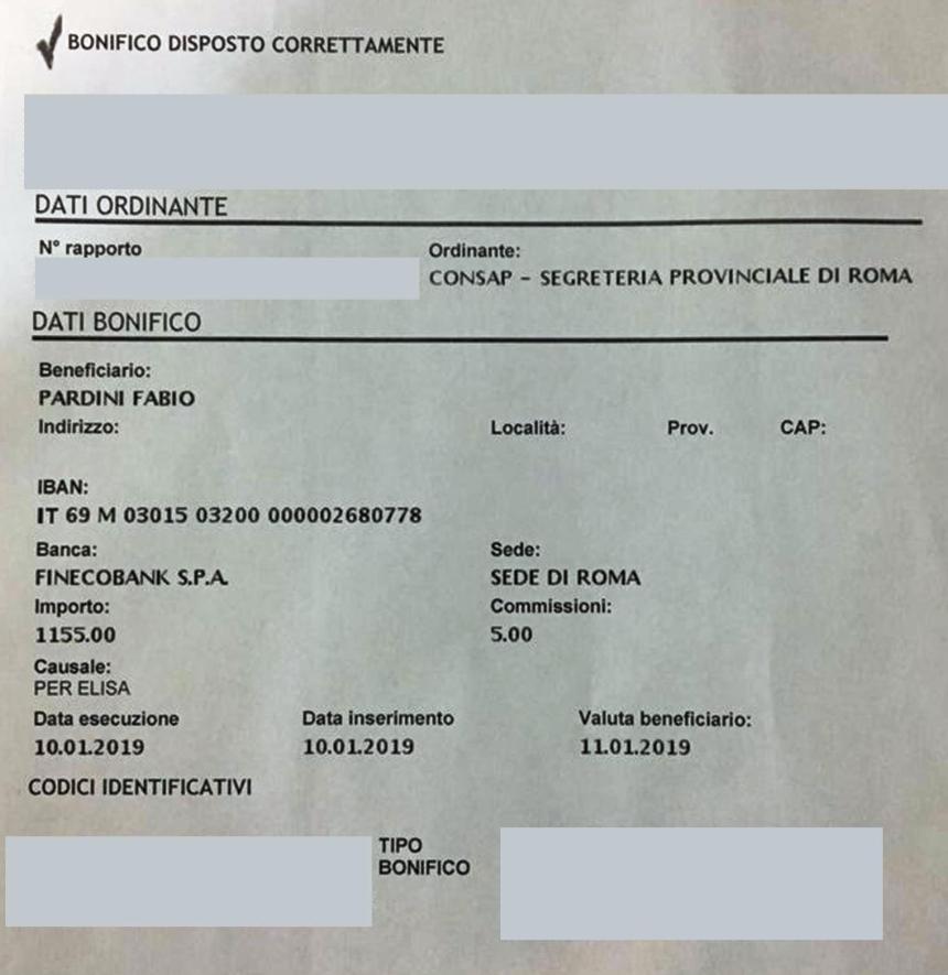 Befana del Poliziotto CONSAP 2019, copia bonifico inviato alla famiglia Pardini di tutto il ricavato alla kermesse