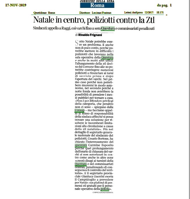 Articolo Corriere Sera ZTL - CONSAP Roma
