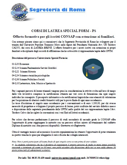 Diploma di Maturità con percorsi disponibili: accordo CONSAP Roma e UPTM (Università Popolare Tommaso Moro)