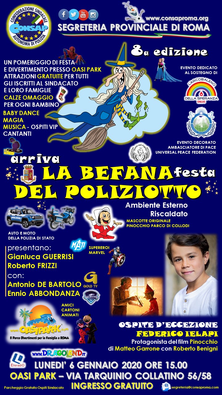 Arriva LA BEFANA - Festa DEL POLIZIOTTO CONSAP - 8a edizione - 6 Gennaio 2020 ore 15.00 - Ospite d'Eccezione Federico IELAPI