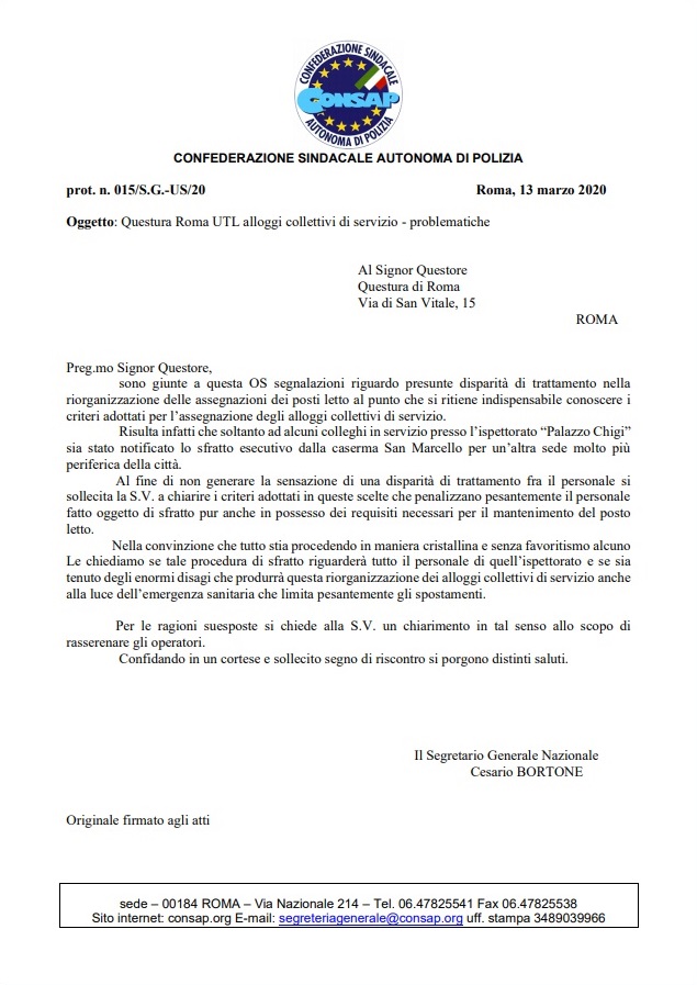 Lettera Alloggi - 13 Marzo 2020 - Segnalazione CONSAP
