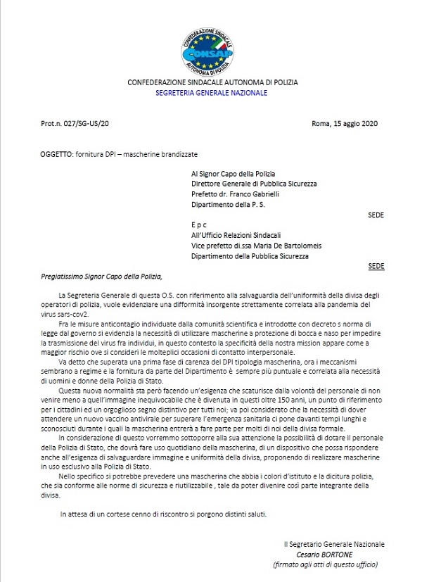 Mascherine Brandizzate POLIZIA - La CONSAP scrive Capo Polizia