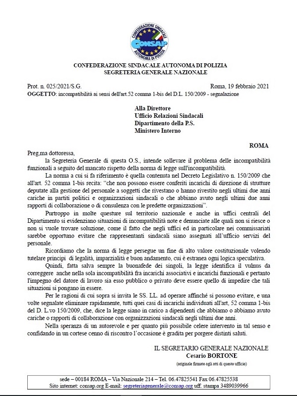 Incompatibilità - Lettera CONSAP all'Ufficio Relazioni Sindacali Dipartimento della P.S.