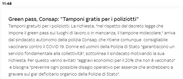 Tampone Gratuito per i Poliziotti - CONSAP Roma
