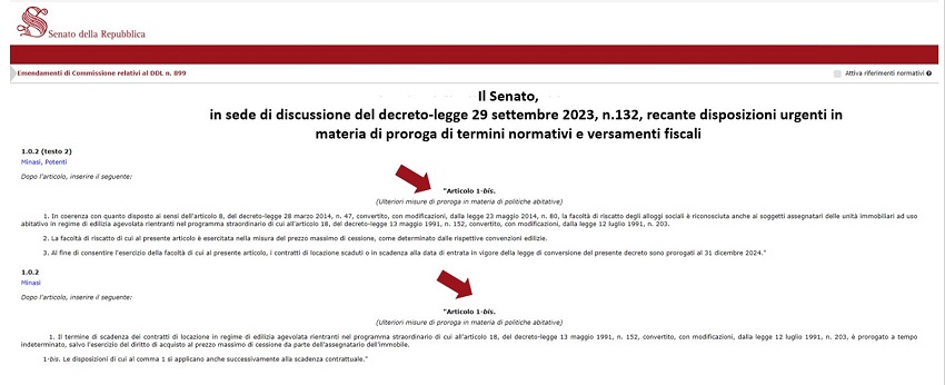 DL n. 132 Senato Repubblica - Proroga Scadenza Contratti Edilizia Agevolata