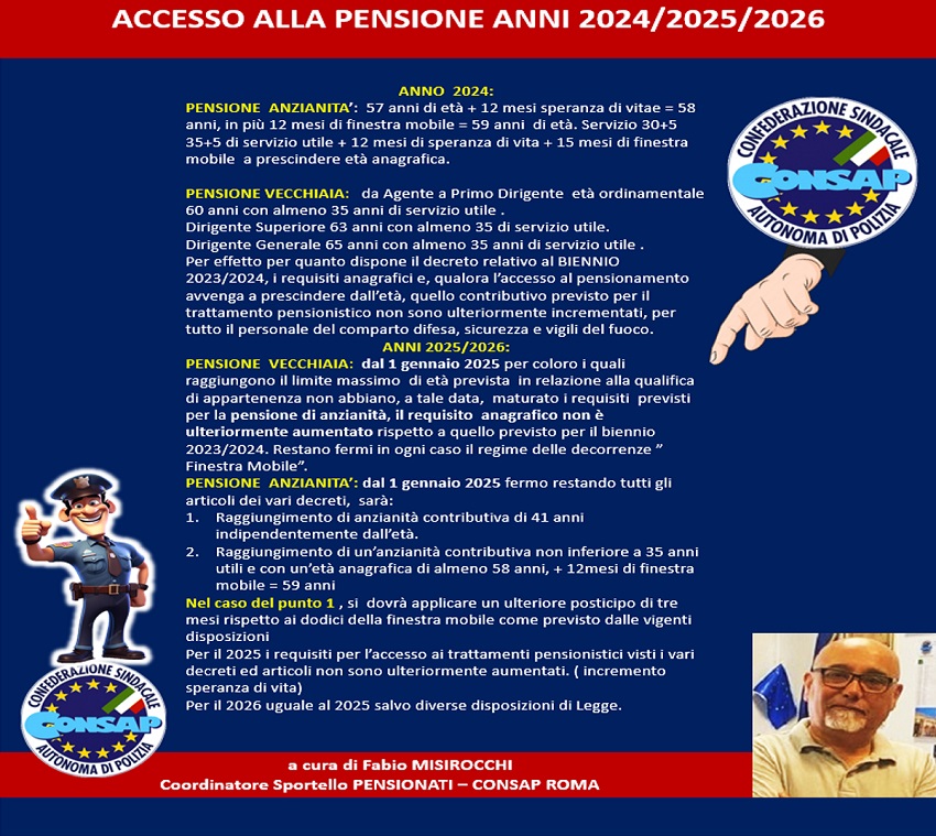 PENSIONI POLIZIA DI STATO PENSIONI: accesso per gli anni 2024 - 2025 - 2026, sintesi di schema a cura dello Sportello Pensioni CONSAP Roma