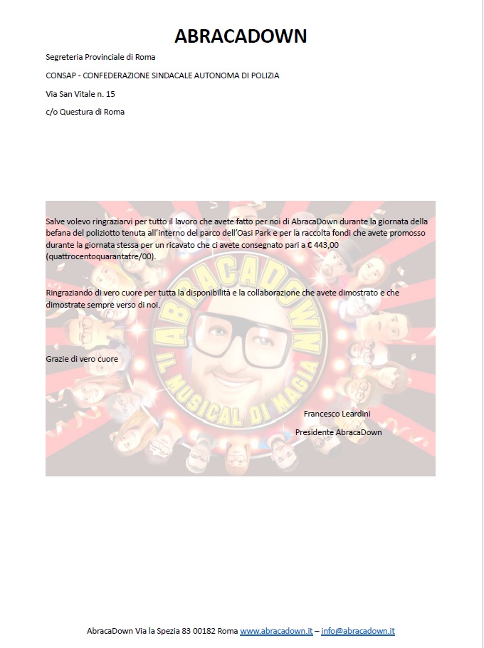 ABRACADOWN - LETTERA RINGRAZIAMENTI PER CONSAP ROMA
