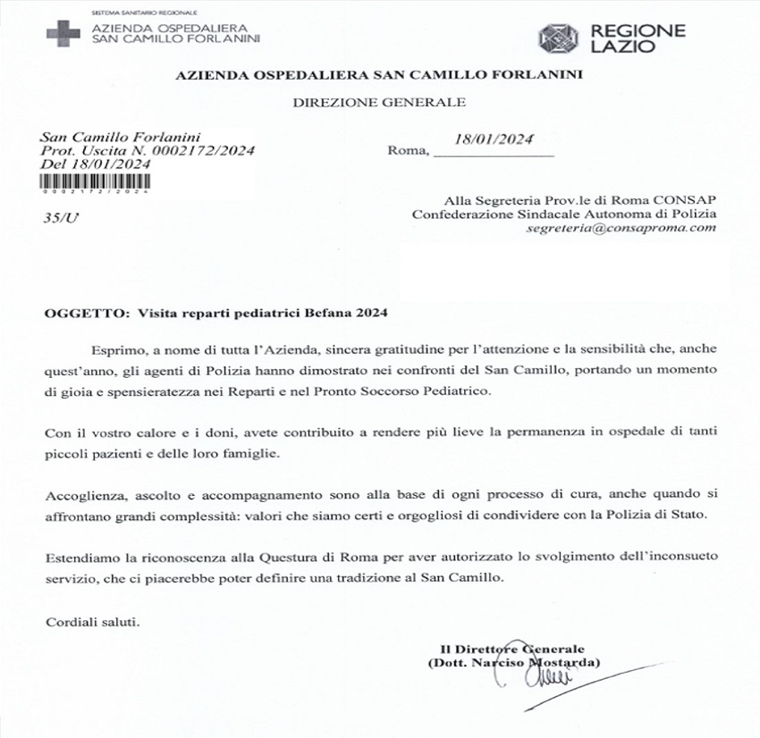 LETTERA RINGRAZIAMENTI OSPEDALE SAN CAMILLO - BEFANA POLIZIOTTO 2024 CONSAP