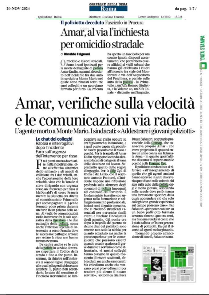 Amar Kudin - Poliziotto morto nell’incidente di Roma..la CONSAP sul Corriere della Sera