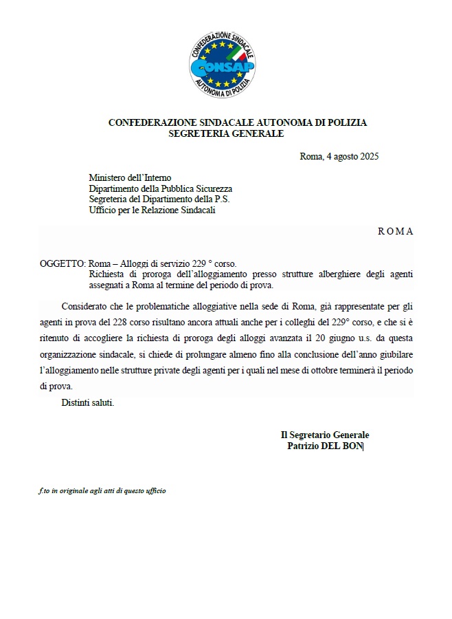 Roma - Richiesta proroga sistemazione alberghiera per 229 corso - Agosto 2025